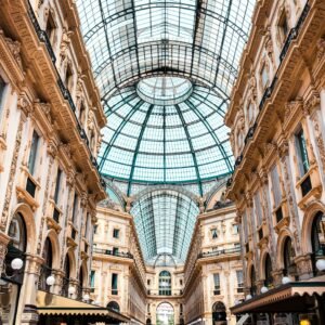 Stunning view inside the historic and luxurious Galleria Vittorio Emanuele II in Milano, Italy.
